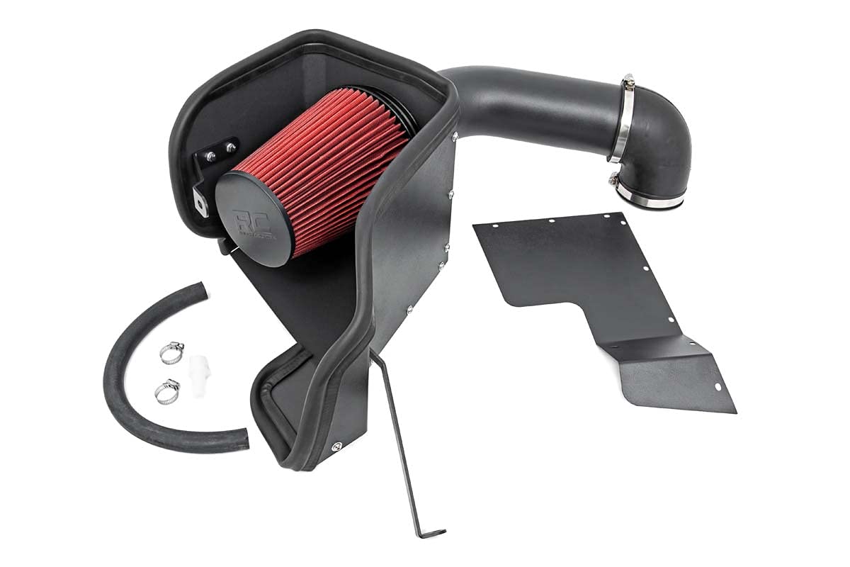Rough Country cold air intake front packaging showing components and fitment benefit