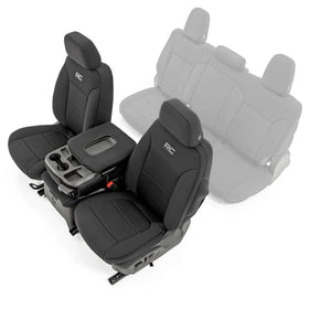 Rough Country packaging of front-row seat covers showing warranty benefits