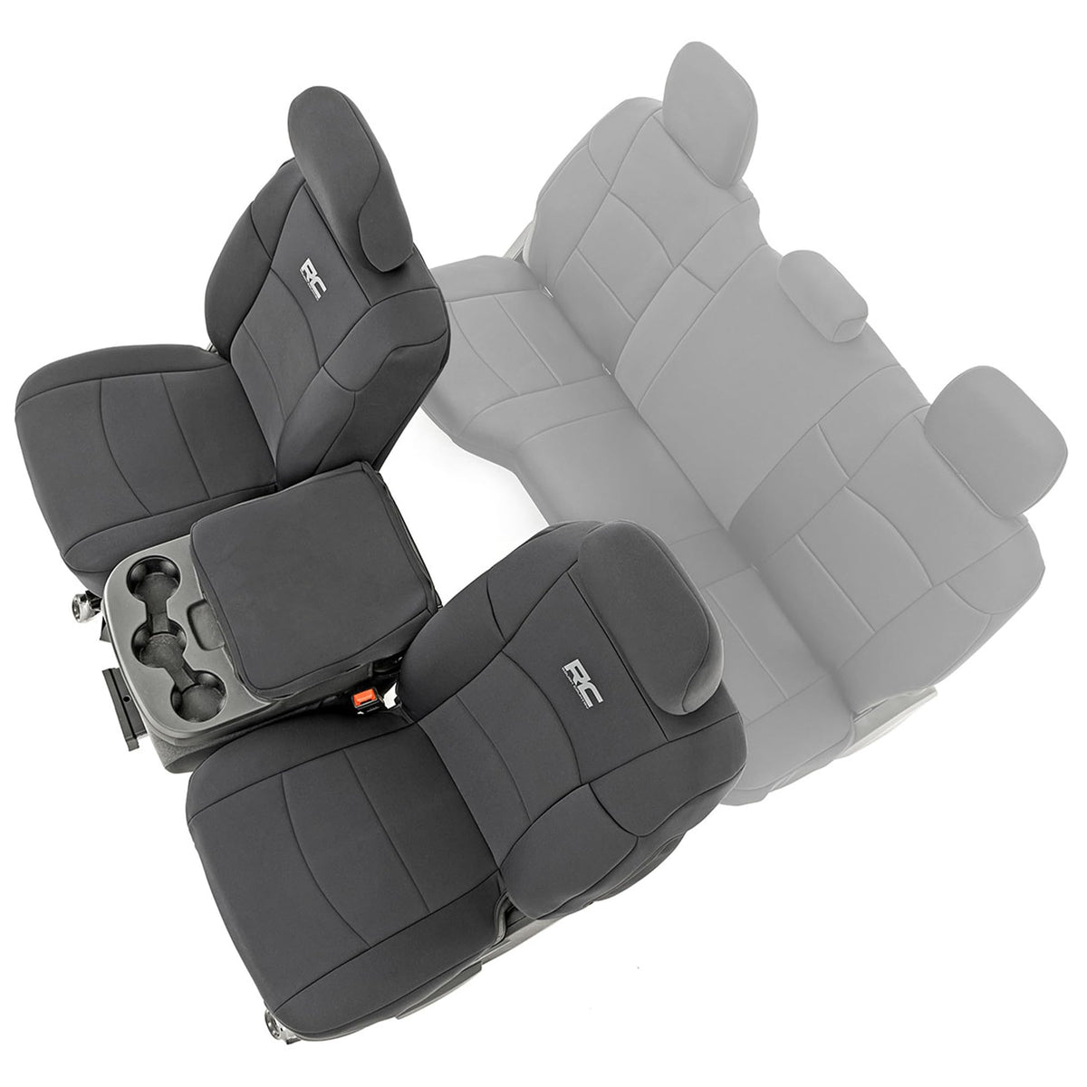 Rough Country front seat covers fitted on Ram 2500 showing protective coverage