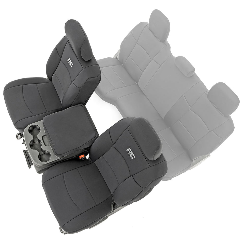 Rough Country front seat covers fitted on Ram 2500 showing protective coverage