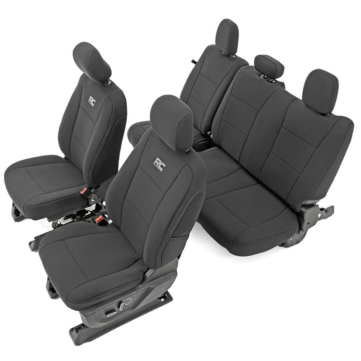 Rough Country front seat covers front view showing snug factory-style fit