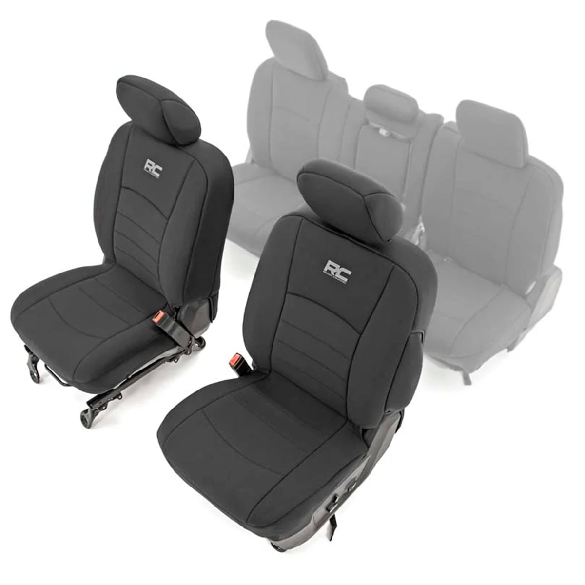 Rough Country front seat covers installed showing neat factory-style fit and protection