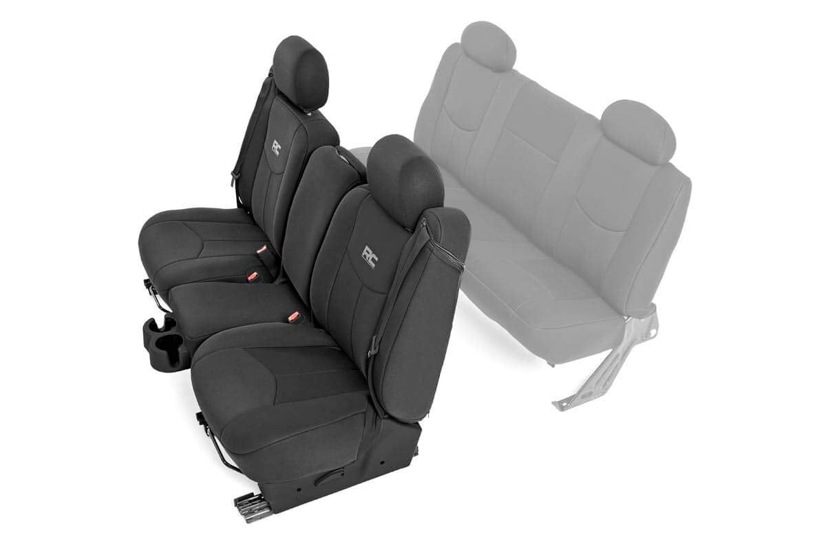 Rough Country packaging shot showing front seat covers and included parts benefits protection