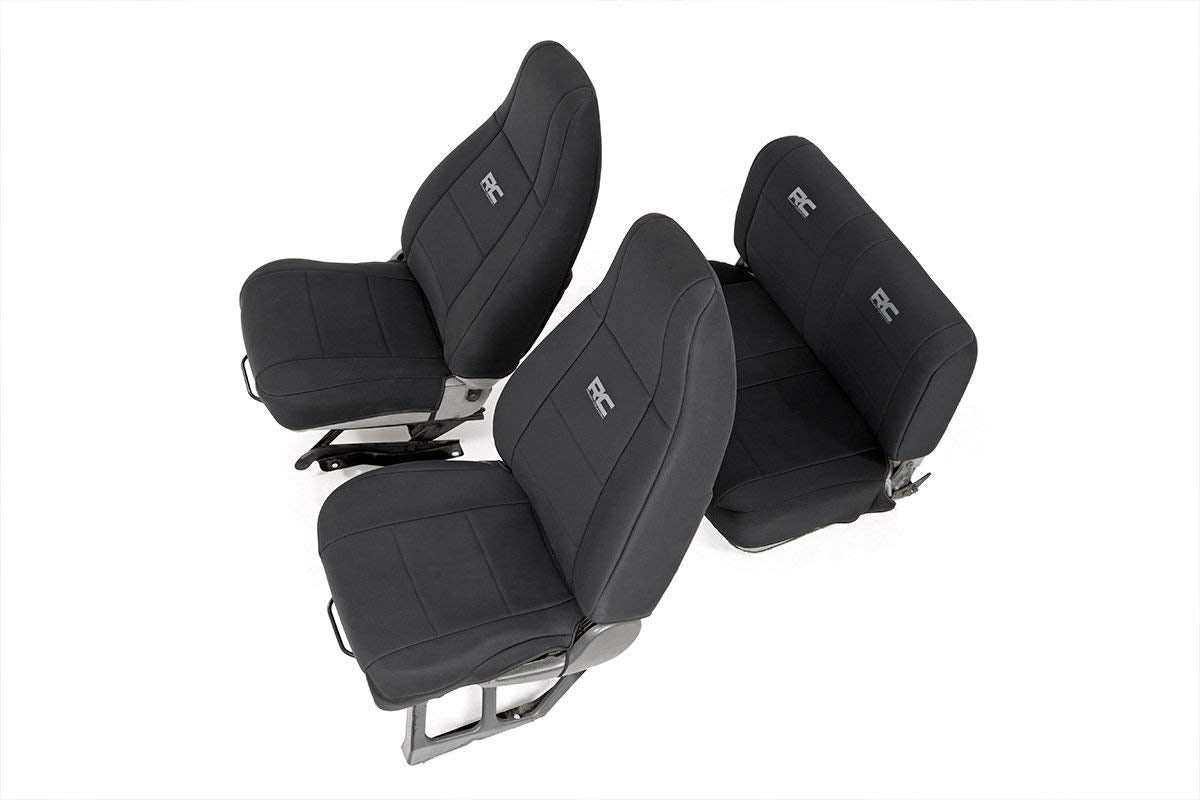 Rough Country front seat covers packaging showing contents and fit benefit