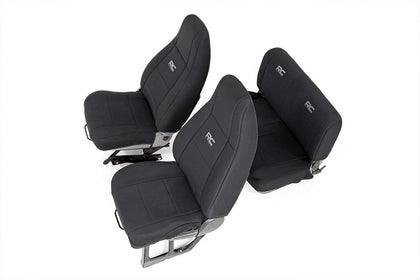 Rough Country front seat covers packaging showing contents and fit benefit