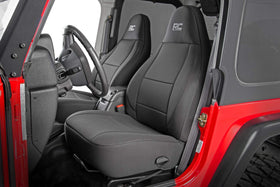 Rough Country front seat installed driver view demonstrating snug factory fit