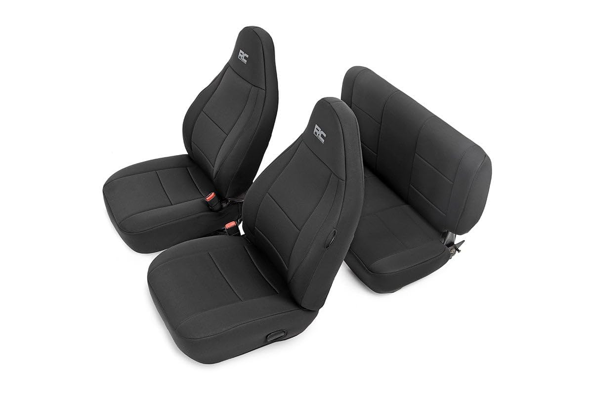 Rough Country front seat packaging showing fit and protection benefits