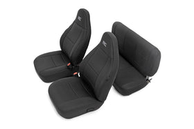 Rough Country front seat packaging showing fit and protection benefits