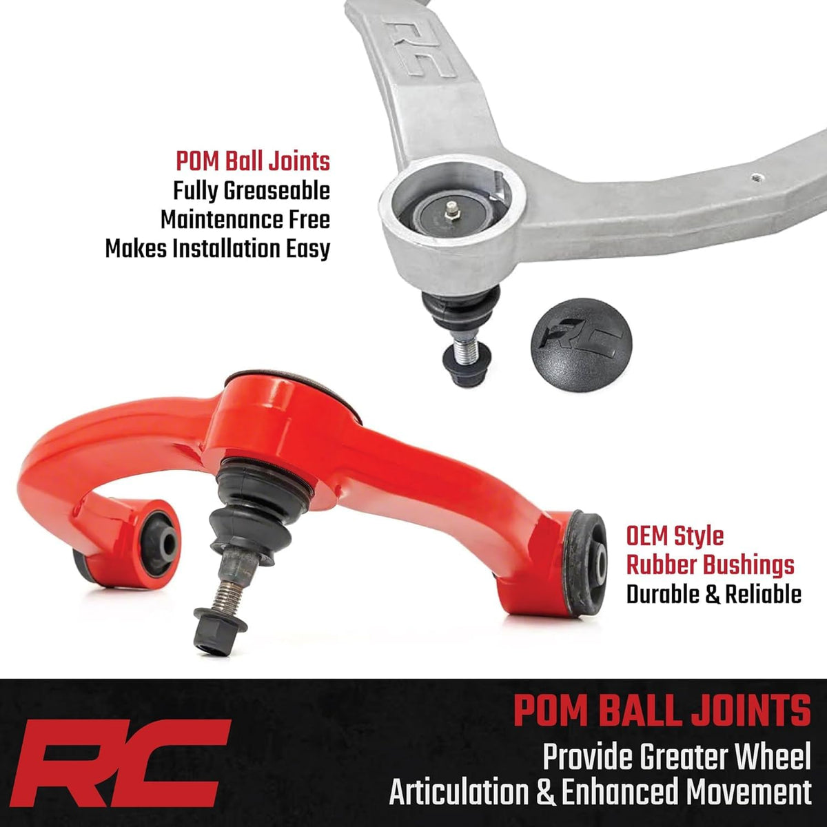 Rough Country greaseable rubber bushing detail showing serviceable long-life benefit