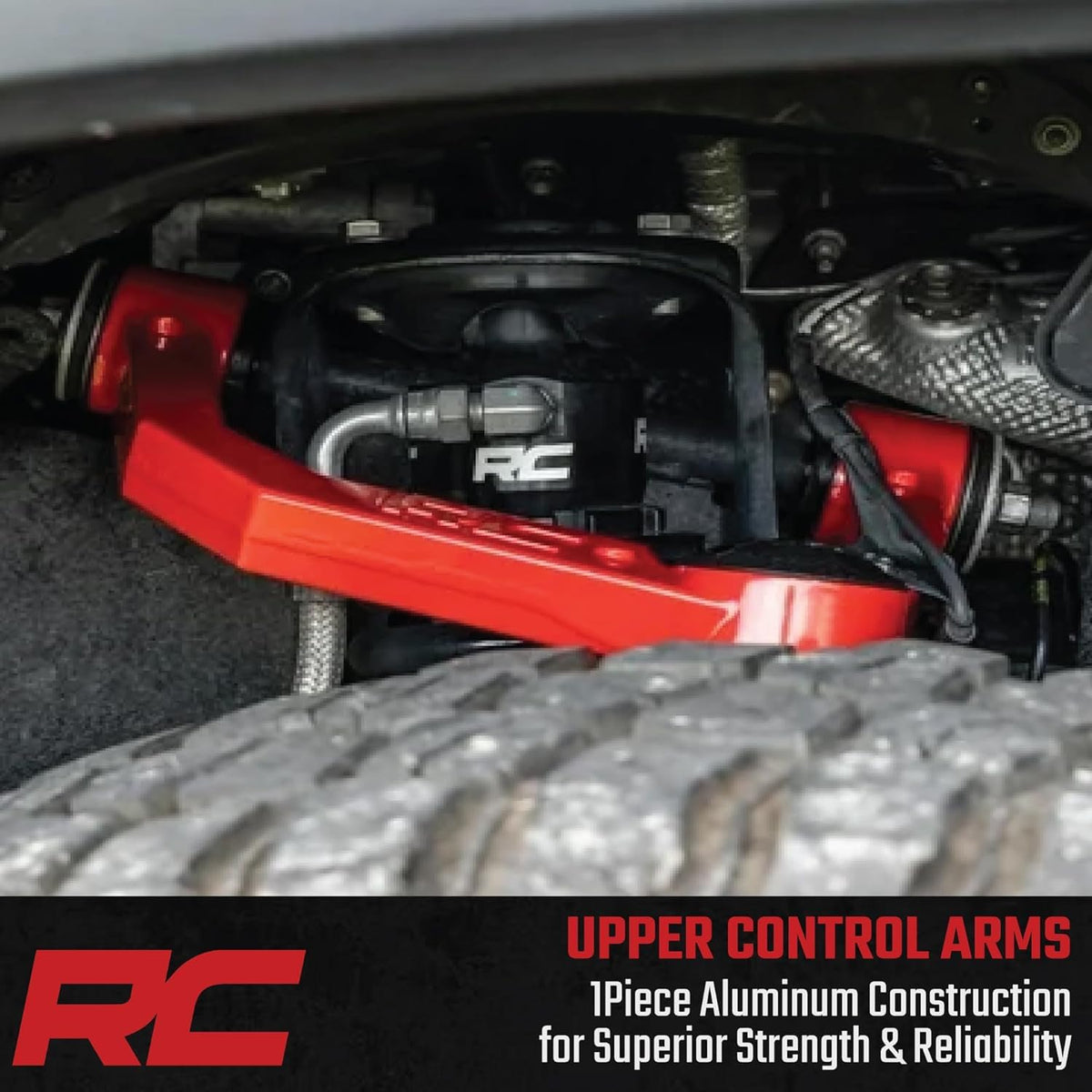 Rough Country installed on truck front suspension showing corrected steering geometry