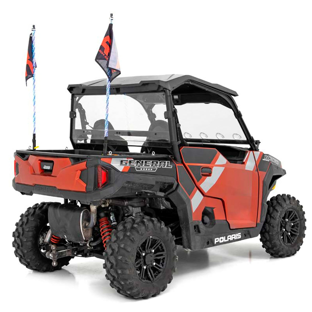 Rough Country mounted whip lights on trail enhancing visibility and style