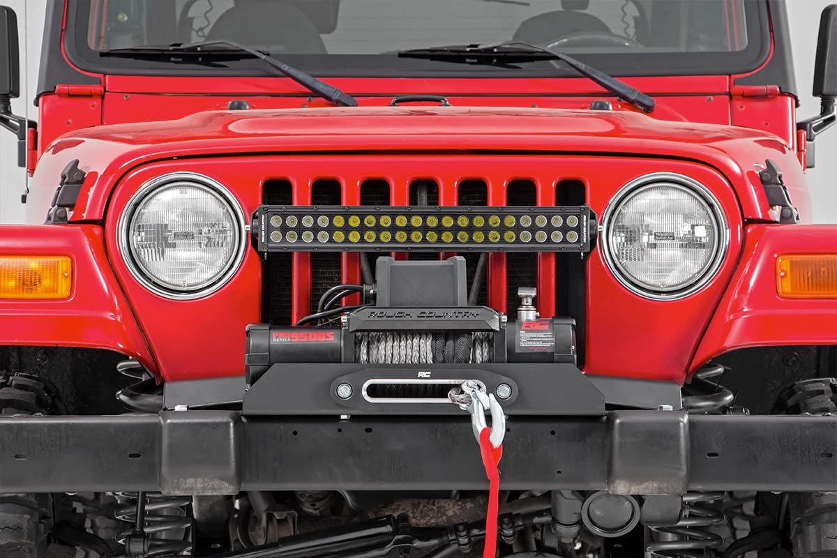 Rough Country mounted winch with D-ring kit showing recovery readiness