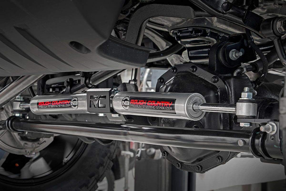 Rough Country N3 dual stabilizer mounted on Jeep Wrangler JL illustrating better steering stability