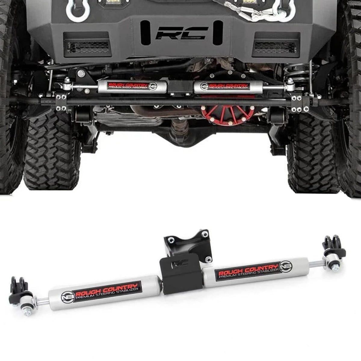 Rough Country N3 dual stabilizer front assembly showing robust construction and bolt-on fit