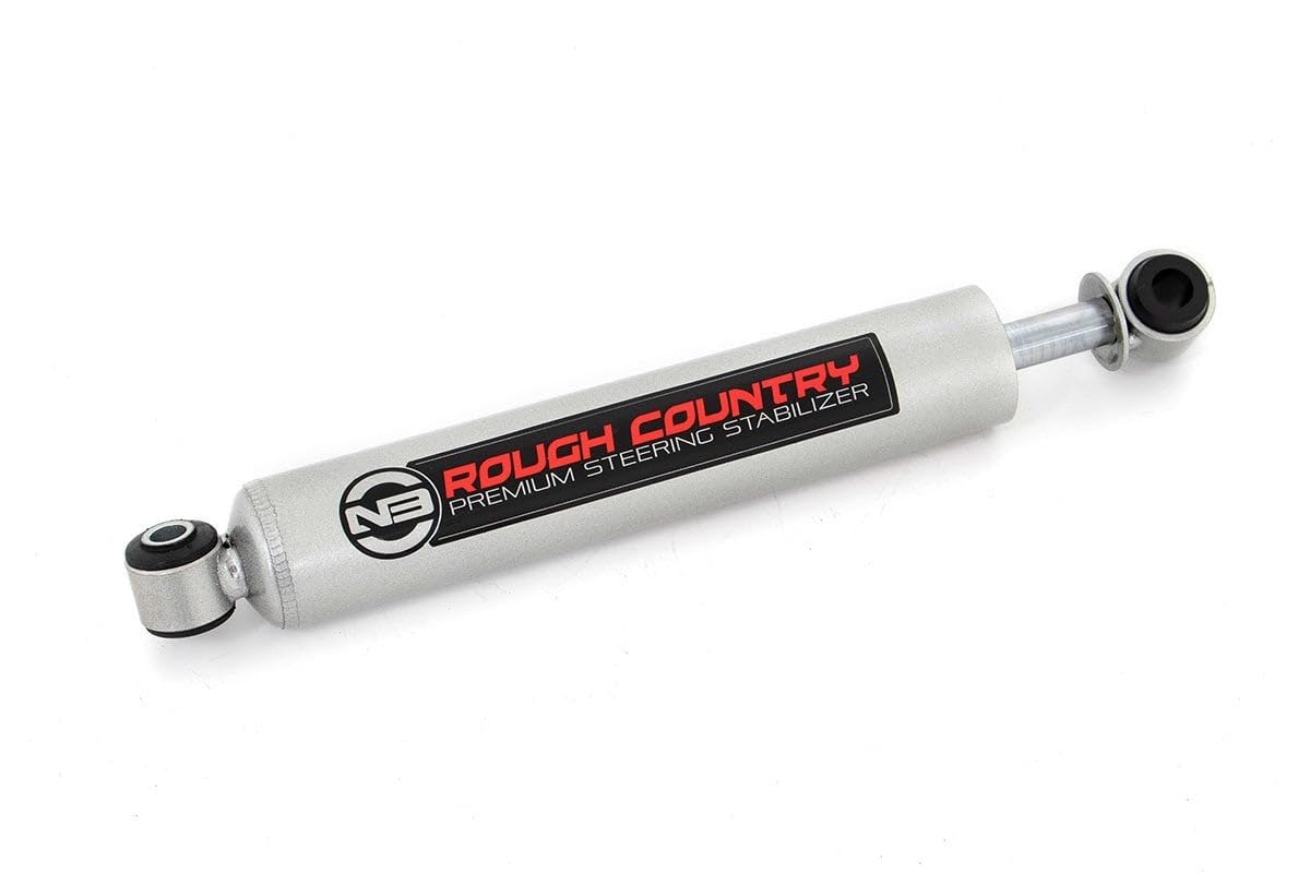 Rough Country N3 steering stabilizer front view installed on Jeep showing improved control
