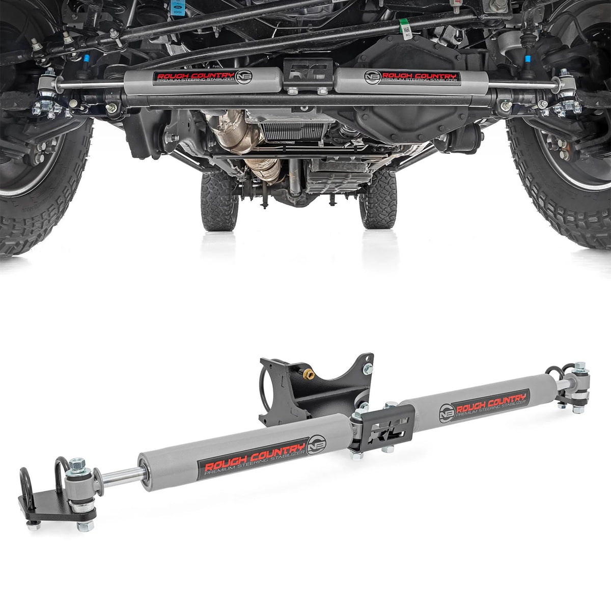Rough Country front-mounted dual stabilizer showing improved steering control