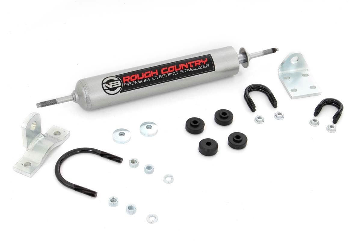 Rough Country stabilizer installed on CJ7 showing improved control and smoother steering feel