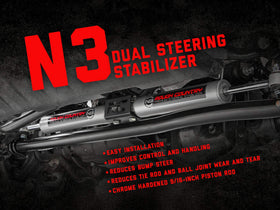 Rough Country N3 installed on Ram steering assembly demonstrating fitment and reduced vibration benefit