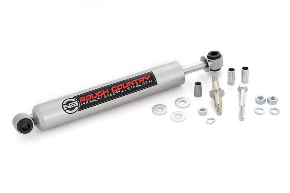 Rough Country N3 steering stabilizer front-mounted on Ram 2500 shows improved handling