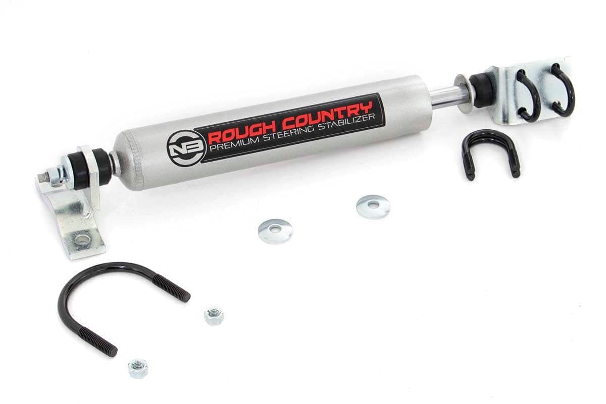 Rough Country N3 steering stabilizer front view showing durable construction and direct-fit benefits