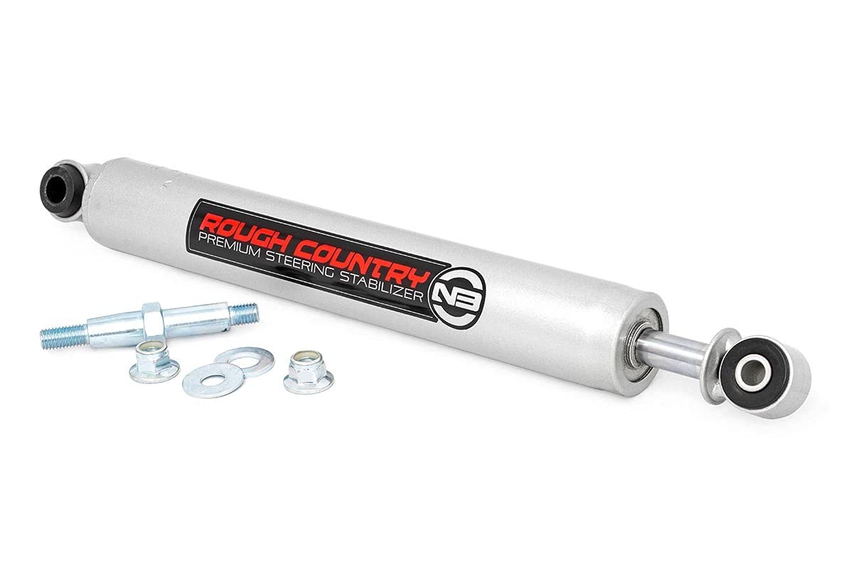 Rough Country N3 steering stabilizer front view showing robust housing and durable finish benefits handling
