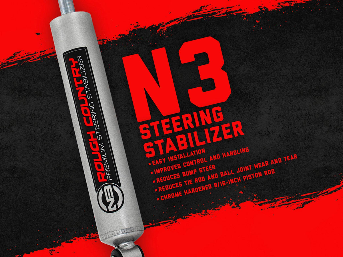 Rough Country N3 stabilizer installed on Ford Super Duty showing improved steering stability benefit