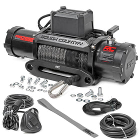 Rough Country winch front view showing compact design and robust build for reliable recovery