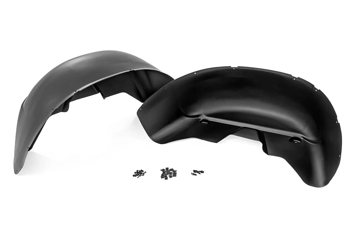 Rough Country front packaging showing pair of rear wheel well liners and benefit of full coverage