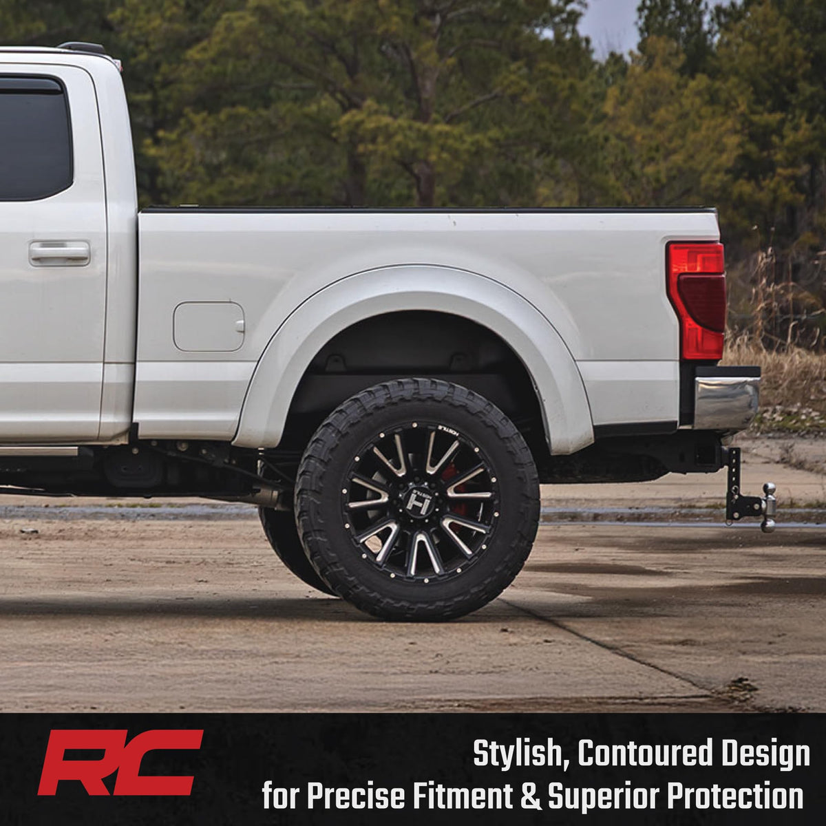 Rough Country lifestyle shot of truck rear with liners resisting mud and debris