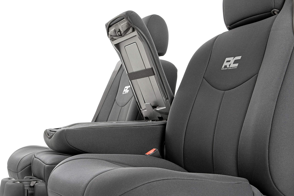 Rough Country cover fitted around armrest preserving seat function