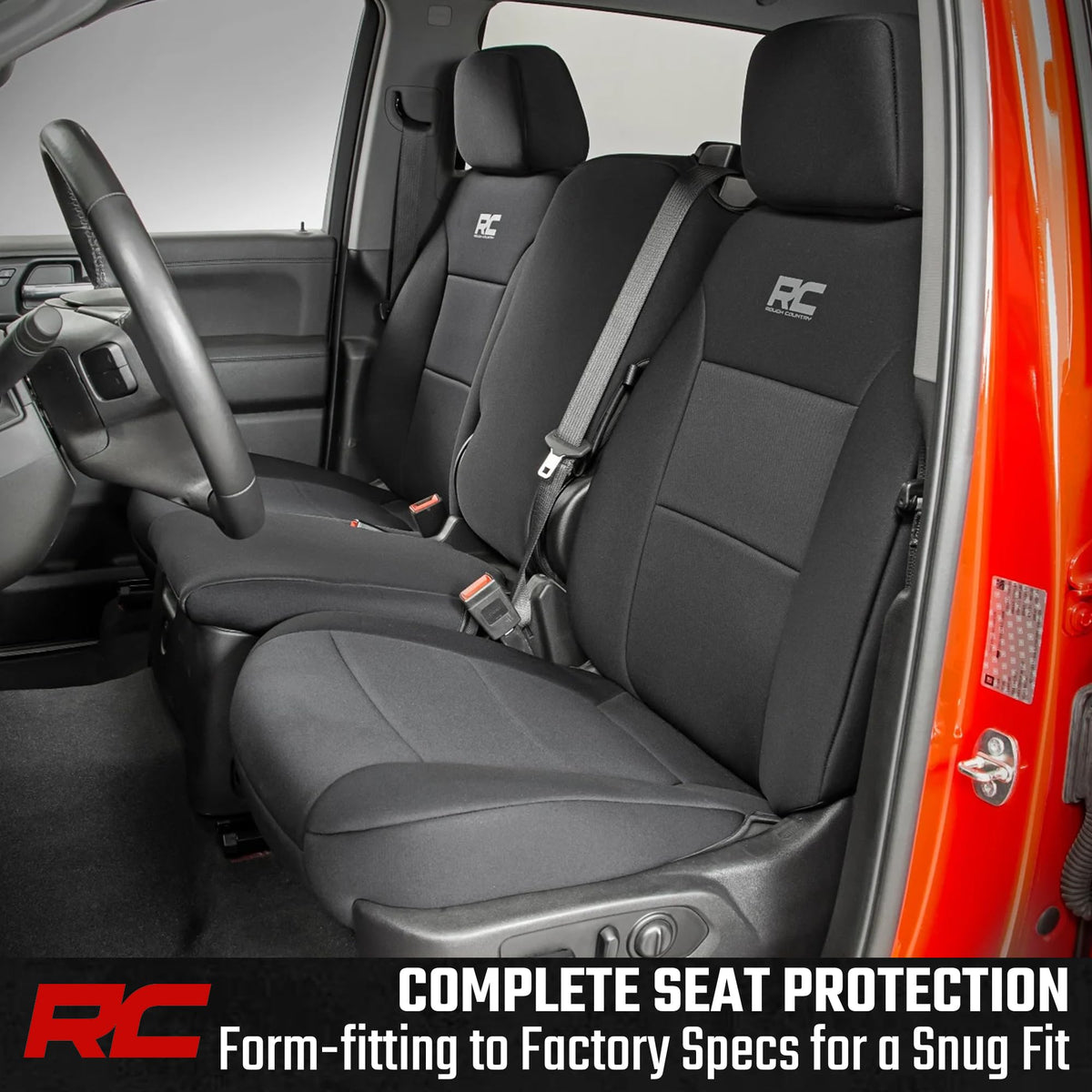 Rough Country front seat covers installed in Silverado showing neat fit