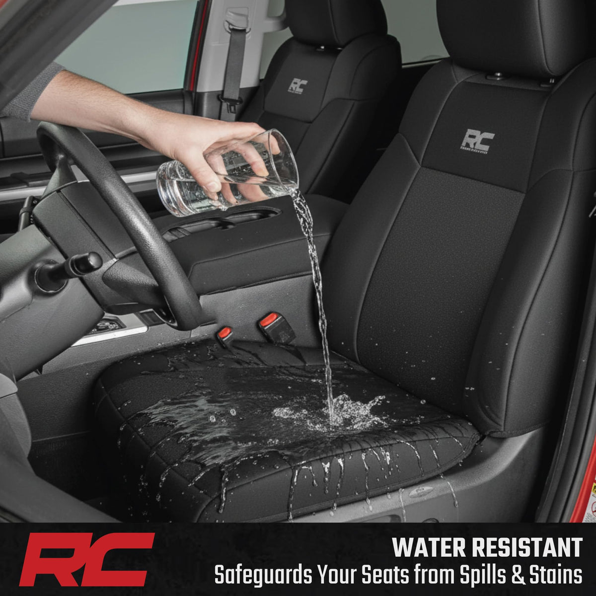 Rough Country seat cover beside tape measure showing precise fit and scale