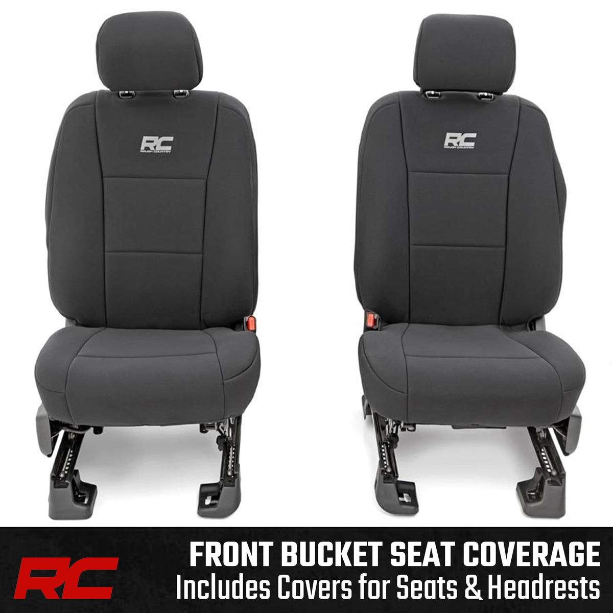Rough Country driver-side installed seat cover showing secure fit benefit