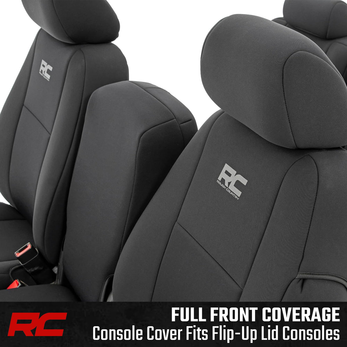 Rough Country side profile installed on seat demonstrating secure fit and airbags access