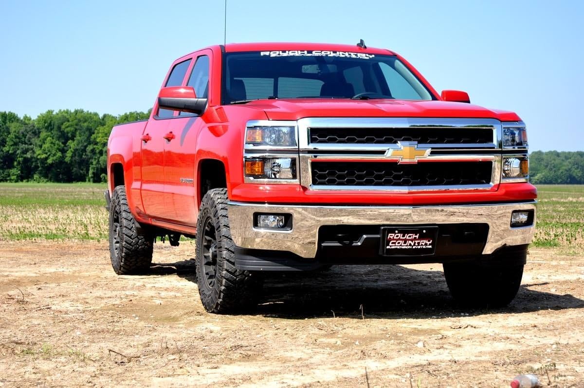 Rough Country side profile of Chevy truck showing leveled front and balanced look