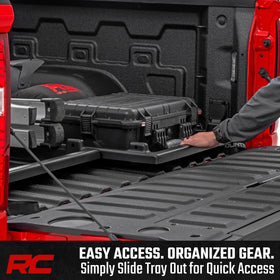 Rough Country sliding tray pulled out with tools demonstrates easy access benefit