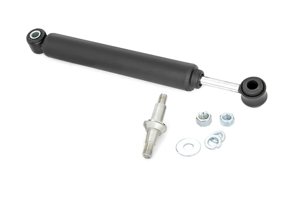 Rough Country steering stabilizer front view showing mounting and durable finish for improved control