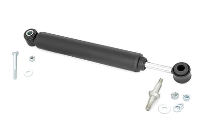 Rough Country steering stabilizer front view showing solid mount and improved steering control