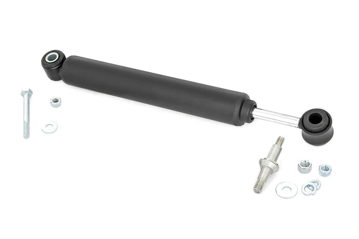 Rough Country steering stabilizer front view showing solid mount and improved steering control