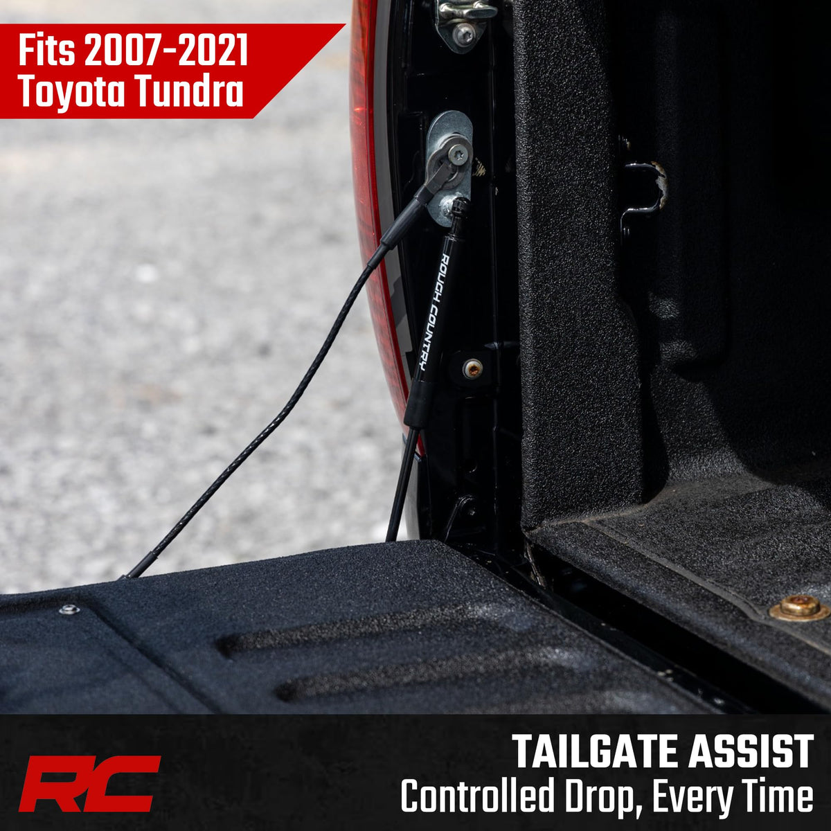 Rough Country close-up of hydraulic cylinder highlighting controlled descent benefit