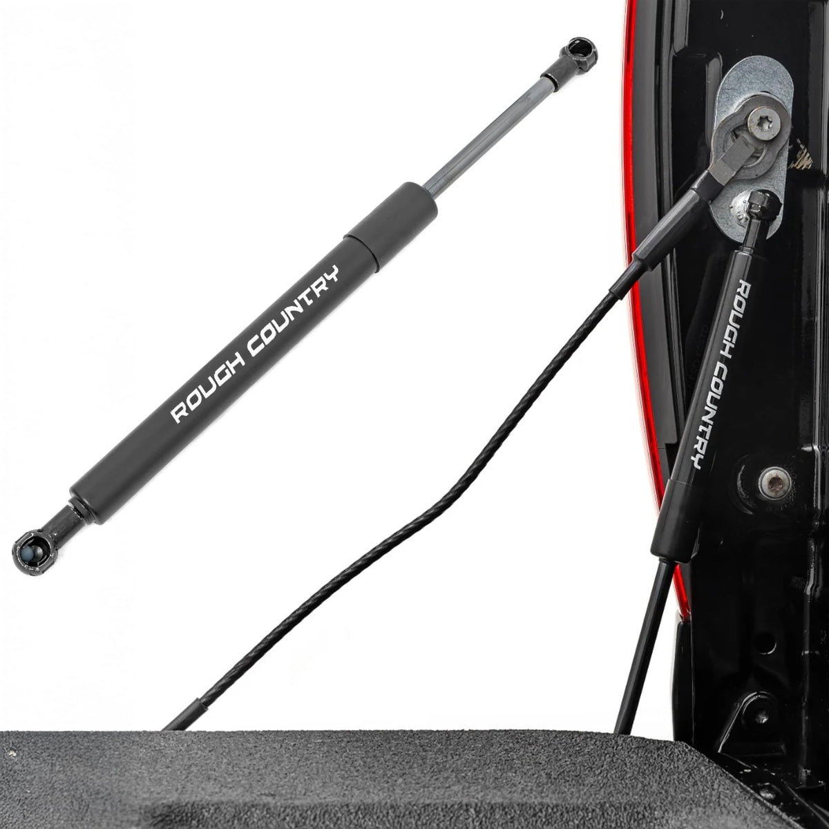 Rough Country front view of tailgate assist showing fit and benefit of smoother lowering