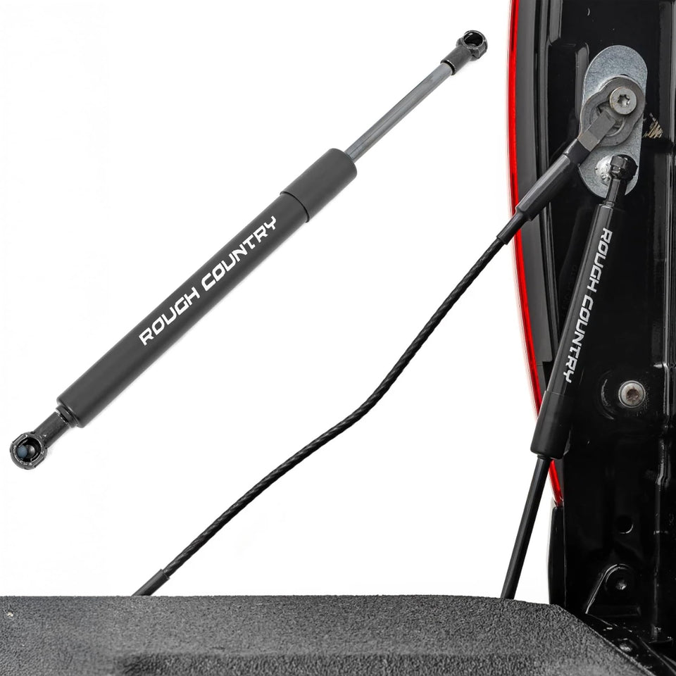 Rough Country front view of tailgate assist showing fit and benefit of smoother lowering