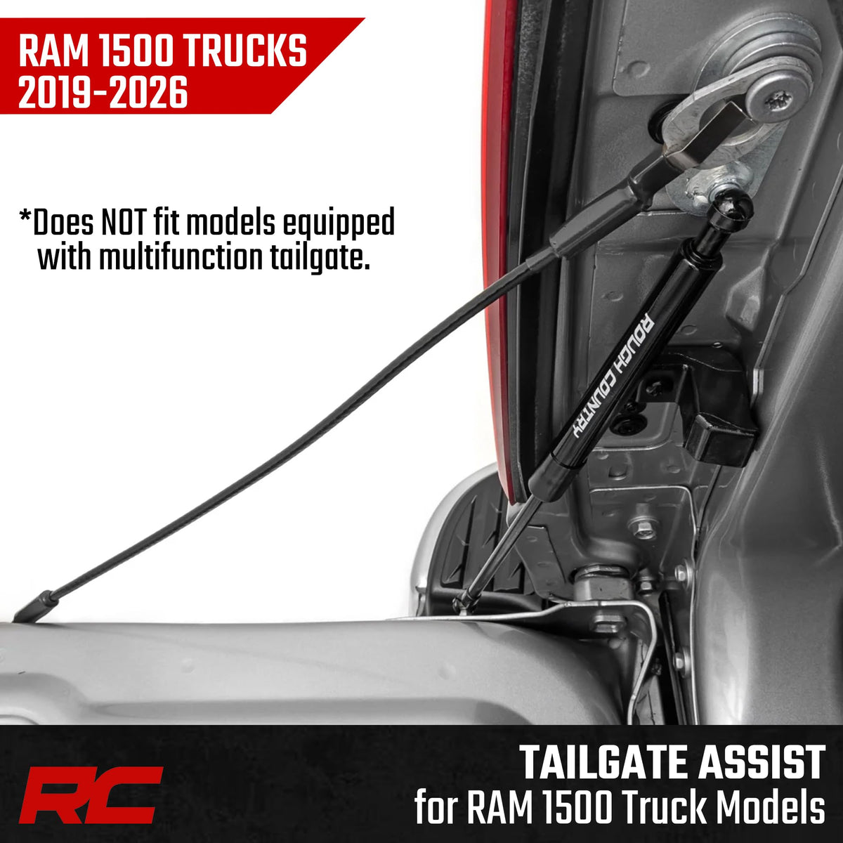 Rough Country tailgate assist beside ruler showing scale for fit and compatibility