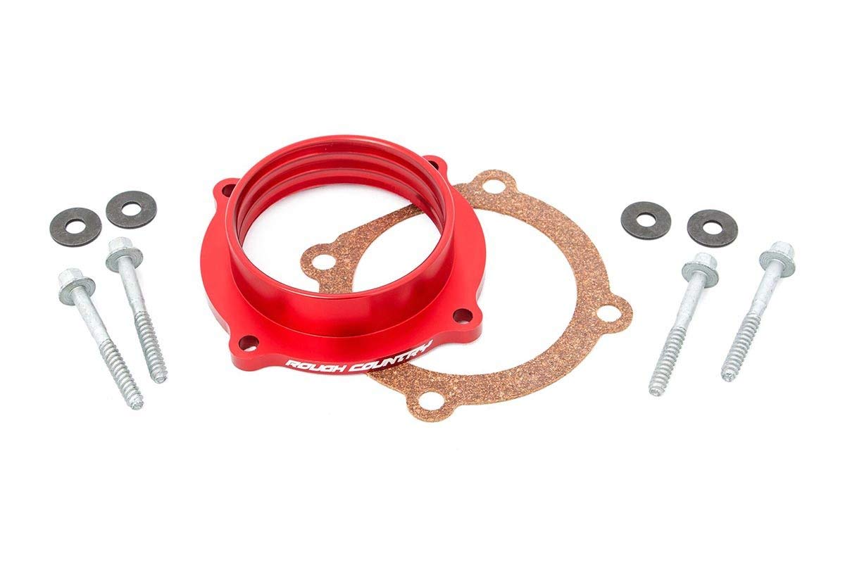 Rough Country throttle body spacer front view showing black finish and durable construction benefits