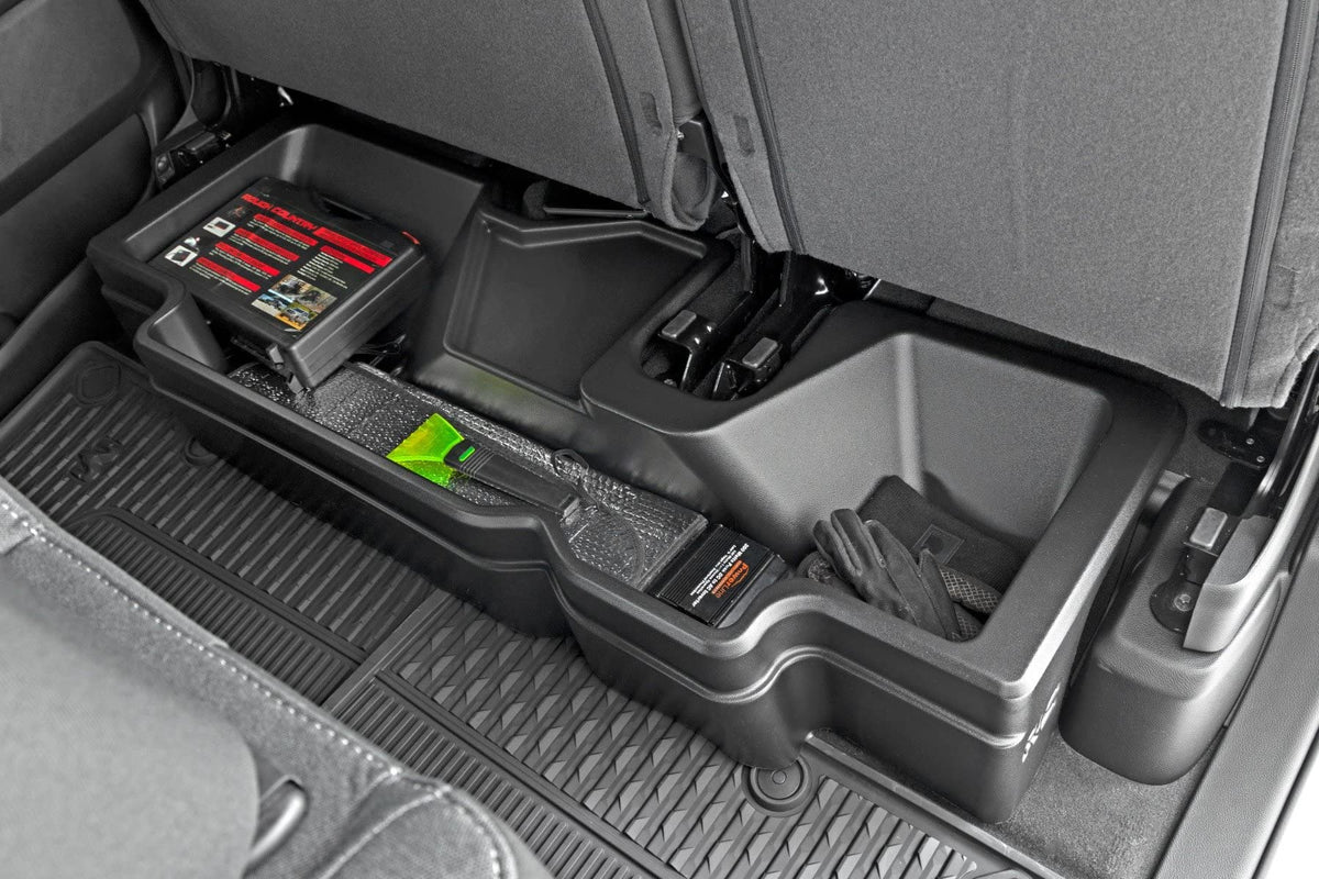 Rough Country front view of under-seat tray showing clean fit and storage benefit