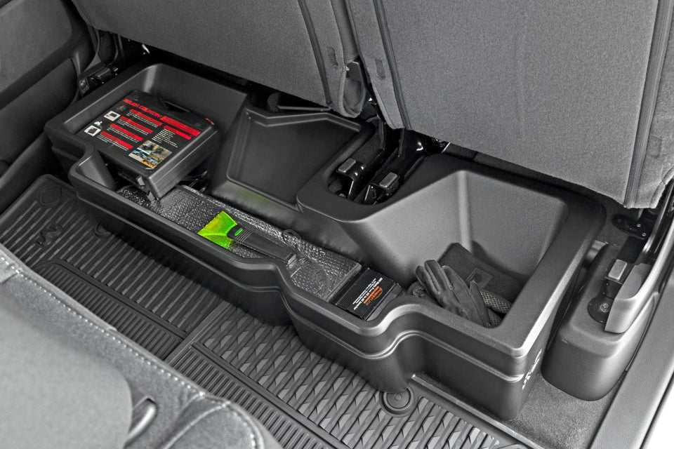 Rough Country front view of under-seat tray showing clean fit and storage benefit