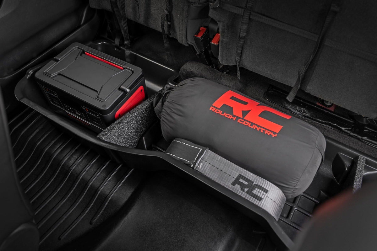 Rough Country front view of under-seat tray showing contour and storage benefit