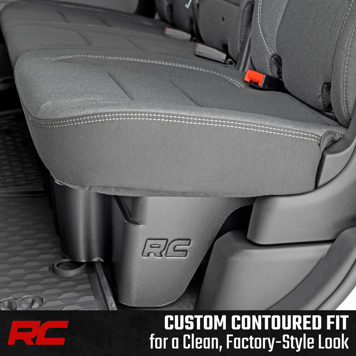 Rough Country installed under rear seat demonstrating concealed storage benefit