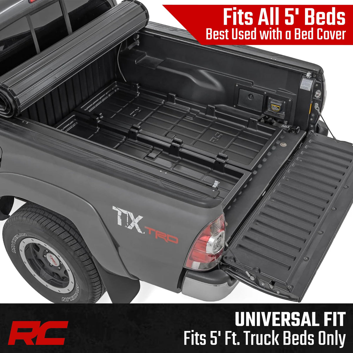 Rough Country low-profile tray under tonneau demonstrating compatibility with bed covers