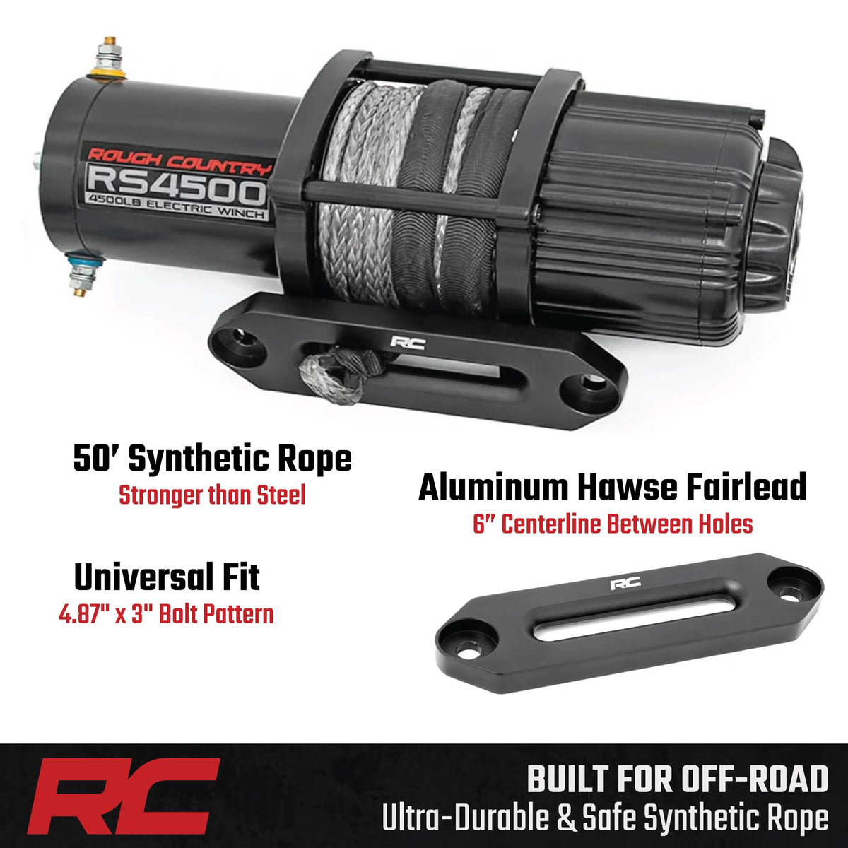 Rough Country winch mounted on UTV showing easy bolt-on installation and ready recovery